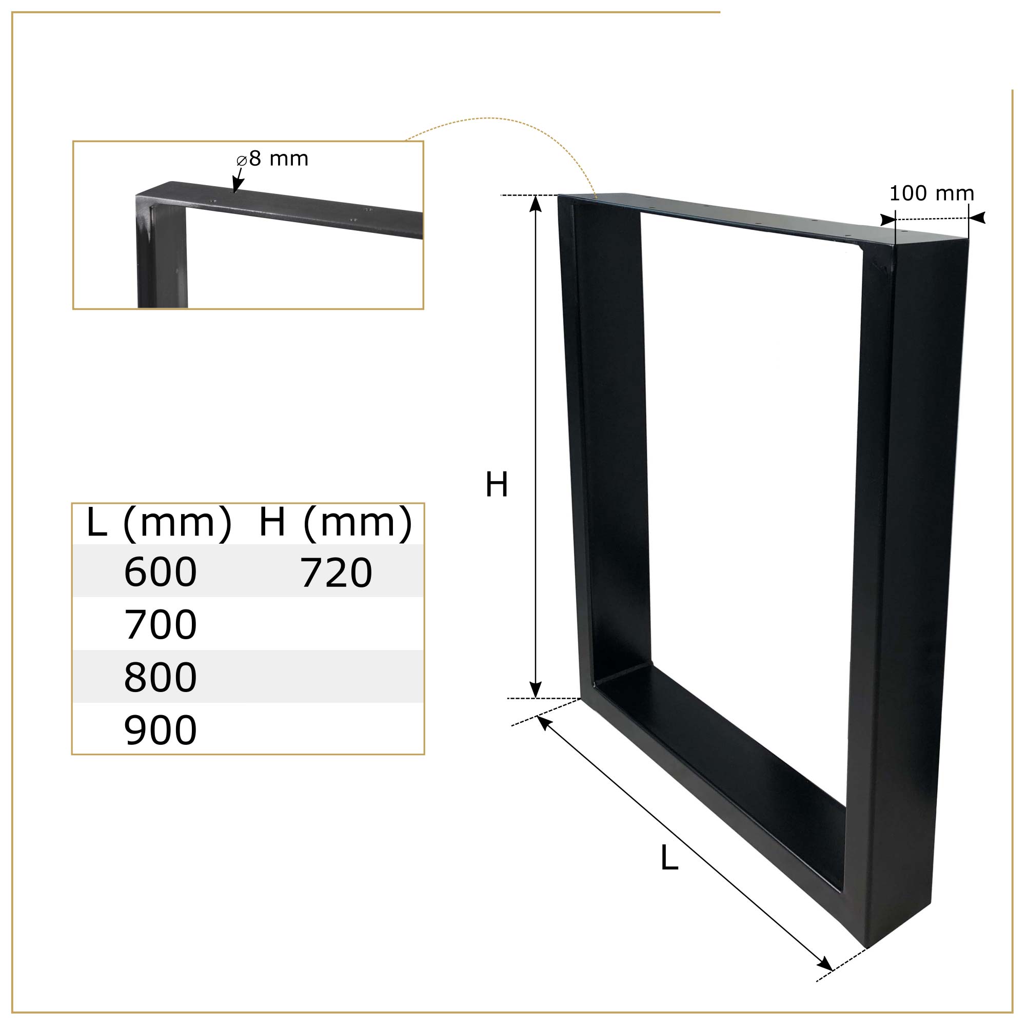 100x40 metallijalkojen mitat