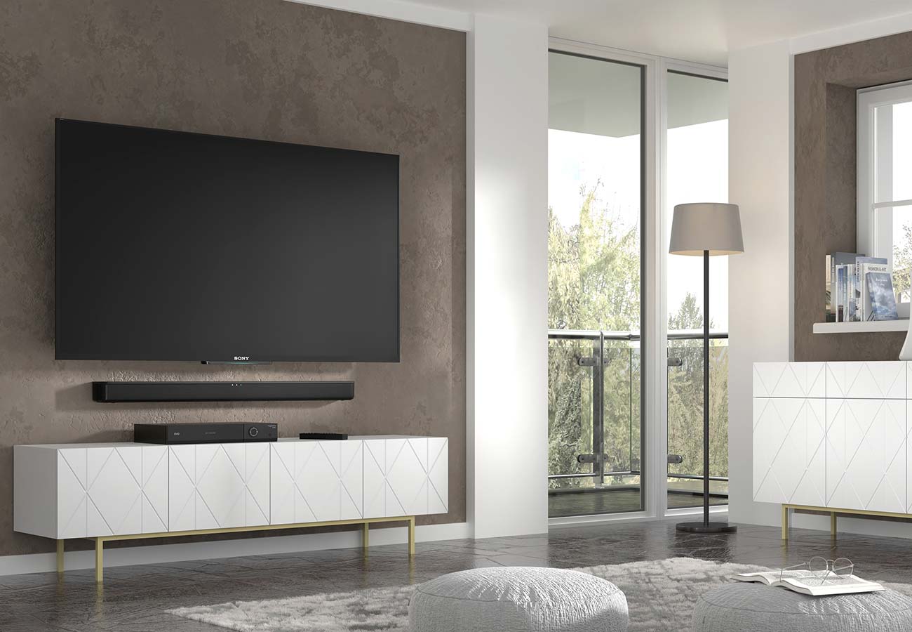 Kairo tv-taso ja senkki valkoinen kultaisilla jaloilla