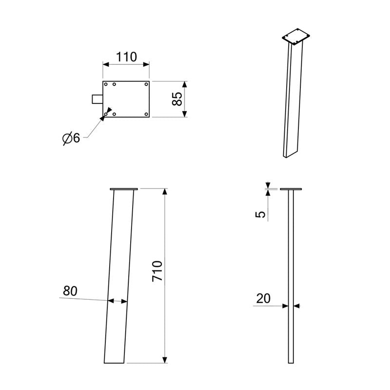 Slant pöydänjalkojen mitat