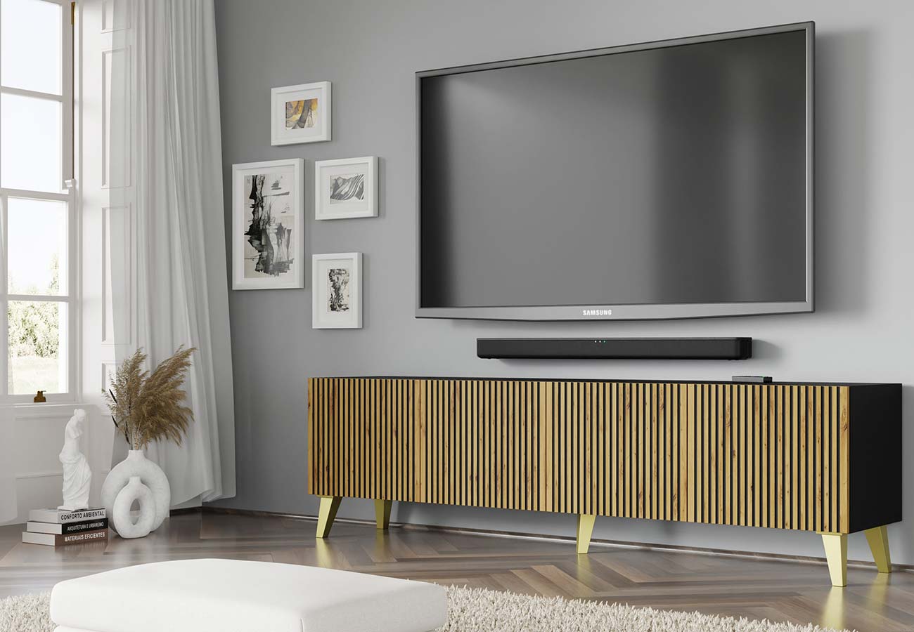 Tv-taso Ravenna 200cm musta tammi kultaisilla jaloilla