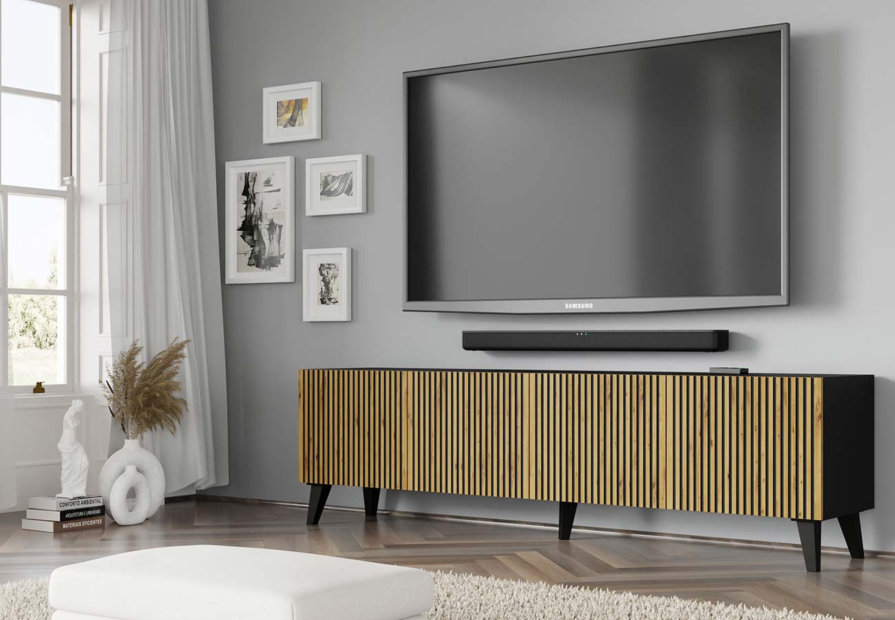 Tv-taso Ravenna 200cm musta tammi mustilla jaloilla