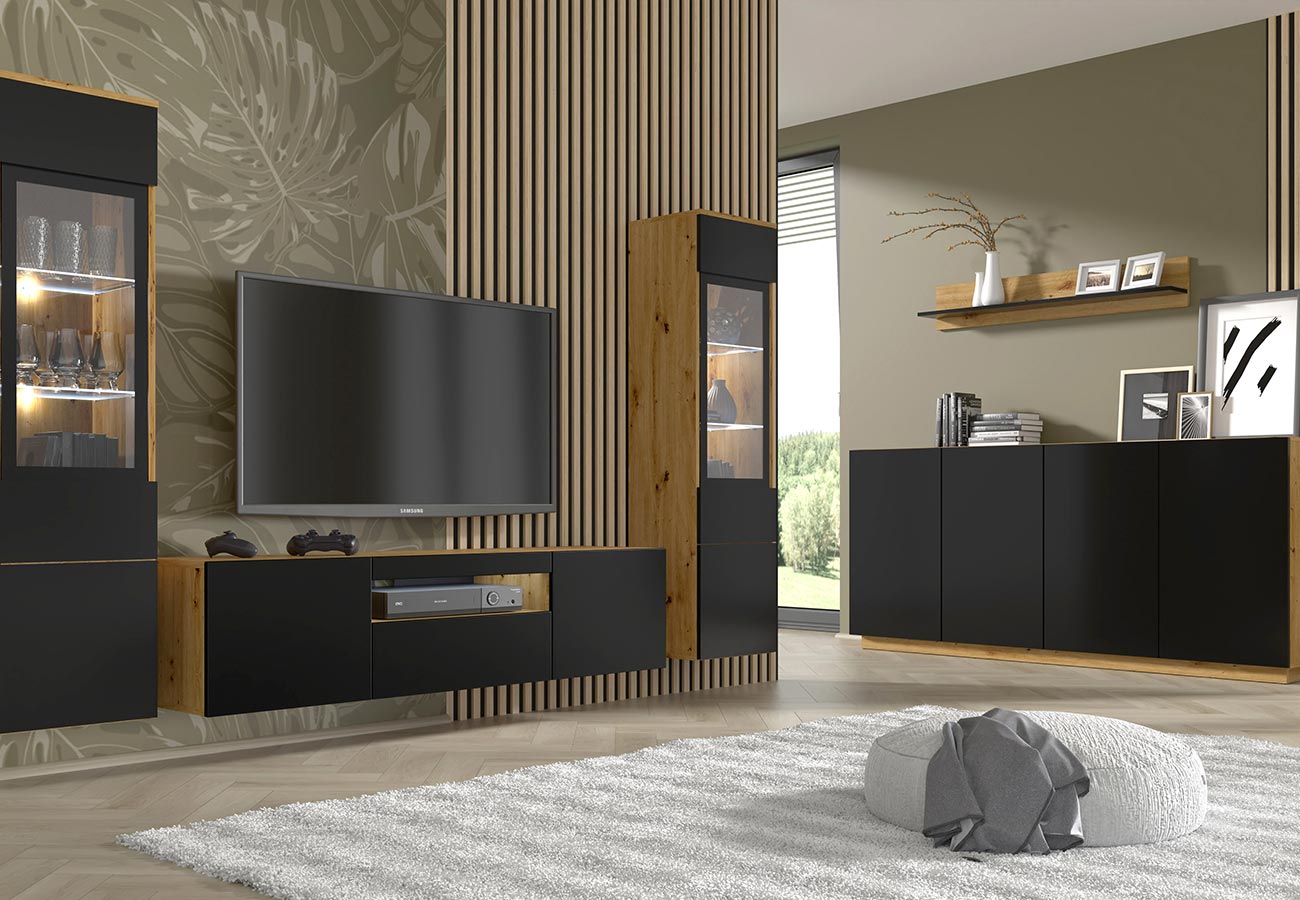 Matta musta ja tammi puun värinen lipasto ja tv-taso