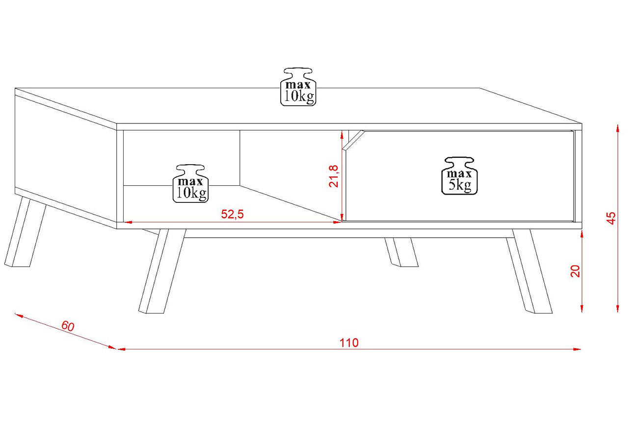 Sohvapöytä Bruno Valkoinen / Tammi 110cm Mitat