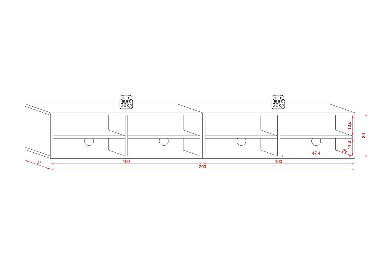 Tv-taso Kara 200cm Mittakuva