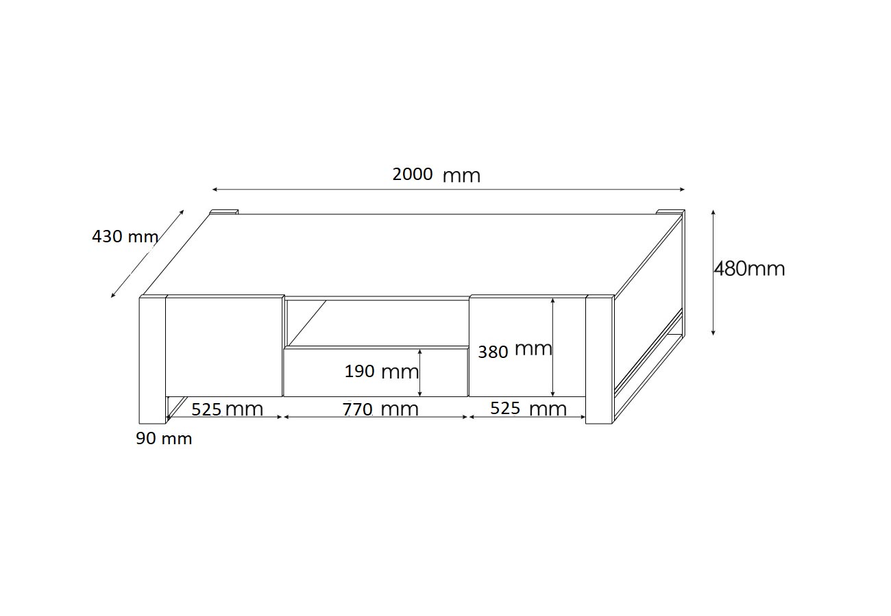 Tv-taso Masku Valkoinen 200cm Mittakuva
