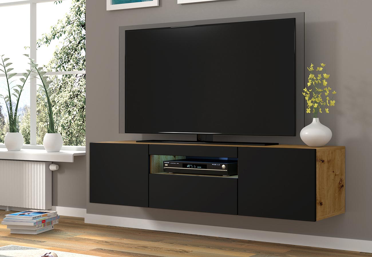 Tv-taso Prime 150cm matta musta tammi led seinälle