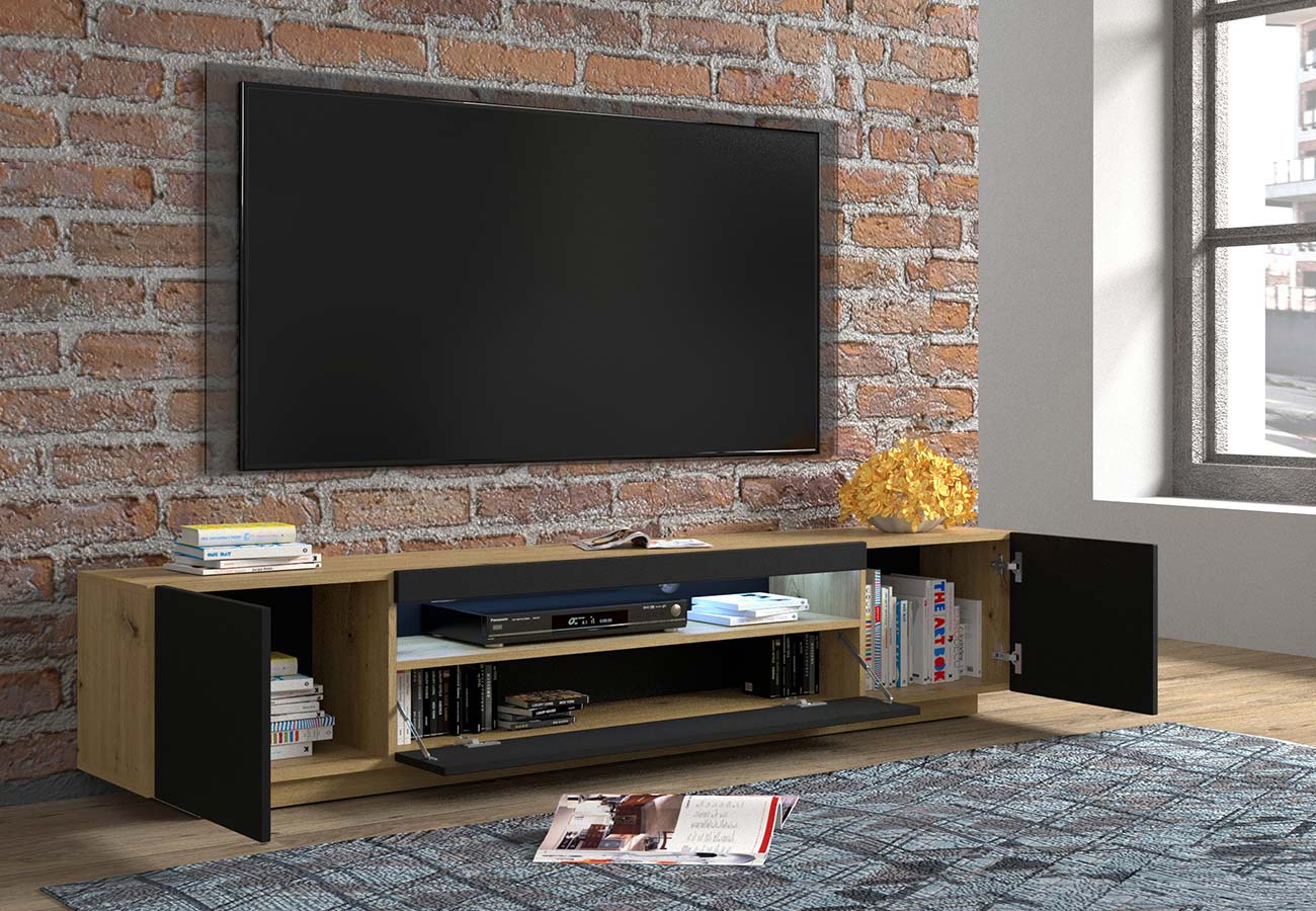 Tv-taso Prime Musta / Tammi 200cm kolme kaappia