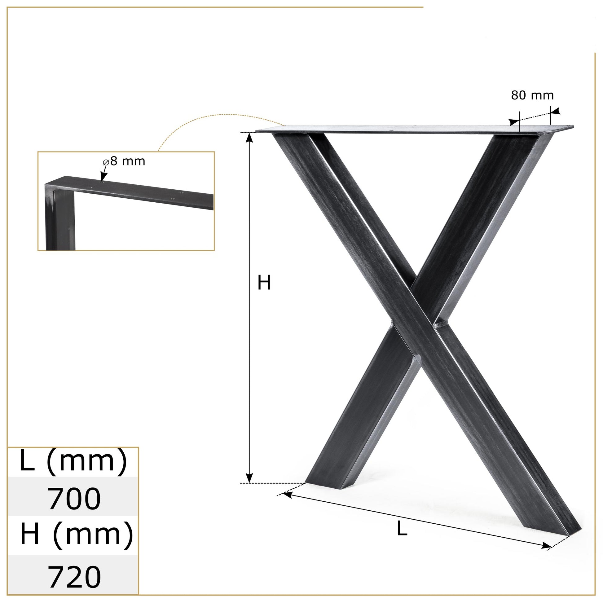 Metallinen Pöydänjalka X mittakuva