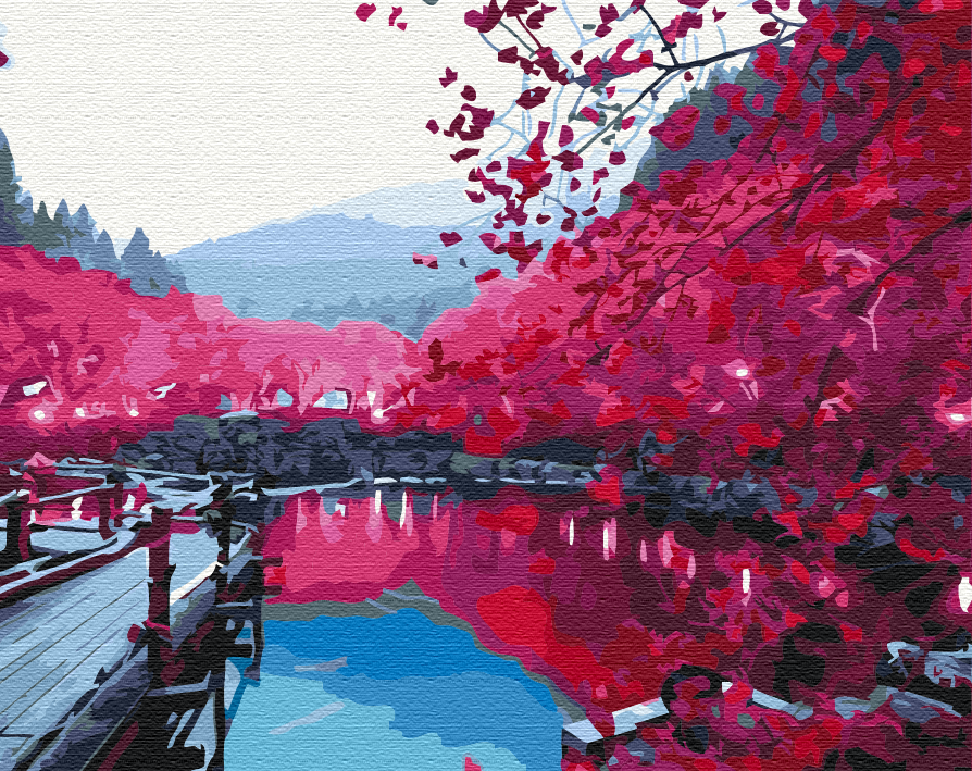 Maalaa numeroin Paint by numbers Sakura over the lake