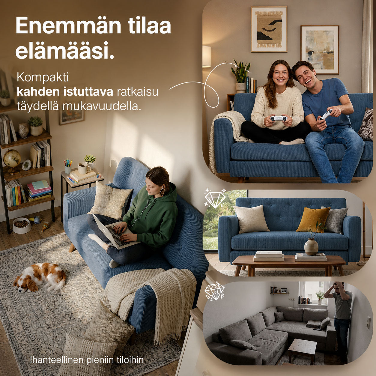 2-istuttava vakosamettisohva sininen kompakti