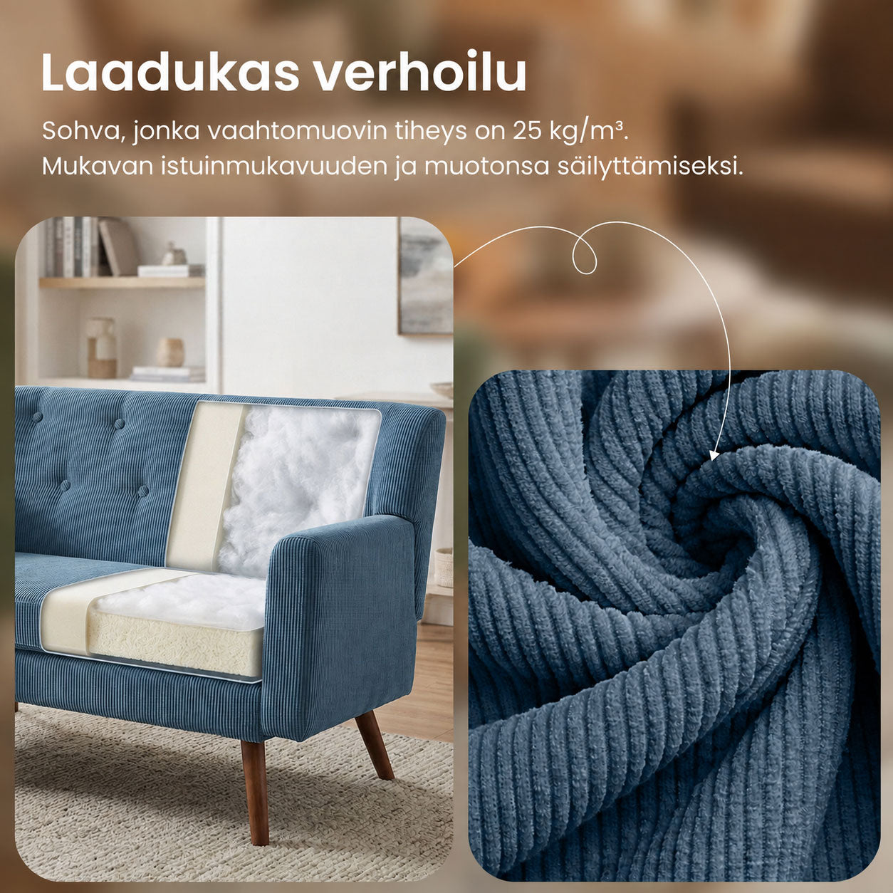 2-istuttava vakosamettisohva sininen verhoilu