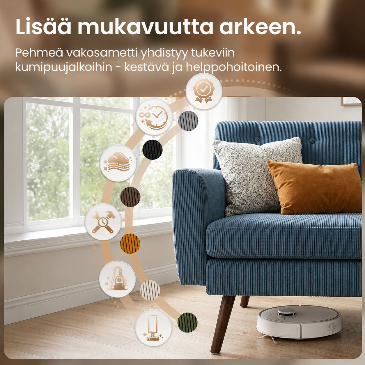 2-istuttava vakosamettisohva useita värejä