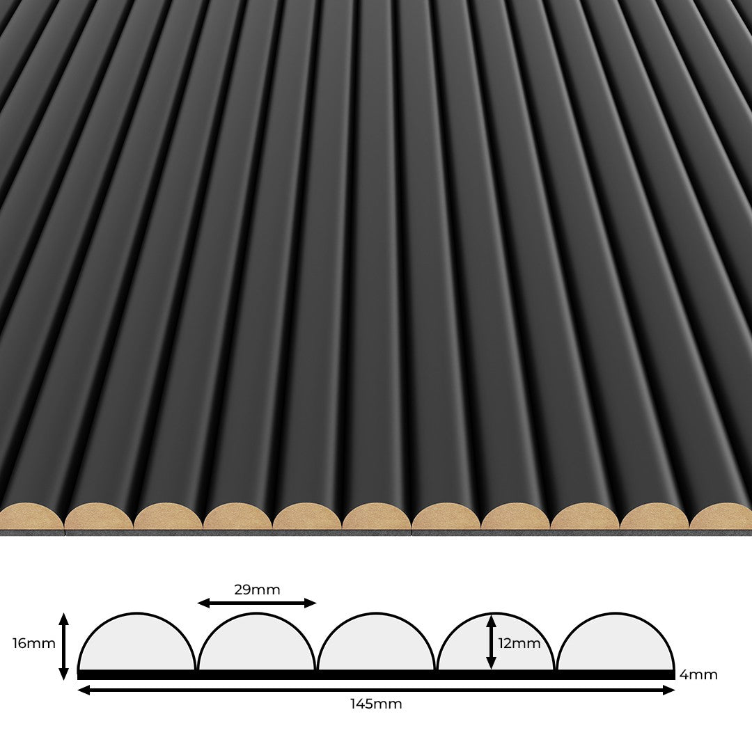 Lähikuva mustasta uritetusta paneelista 4 mm huopapohjalla