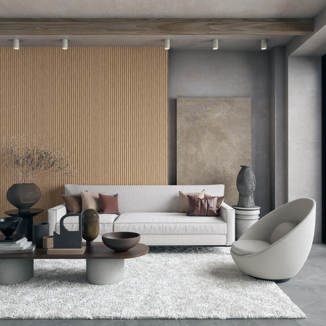 MDF-paneelin kolmiulotteinen uritus olohuoneessa