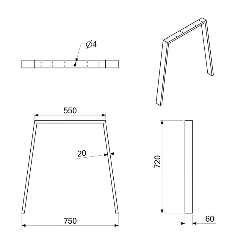 Metallijalka Basic 6x2 Profiili mitat