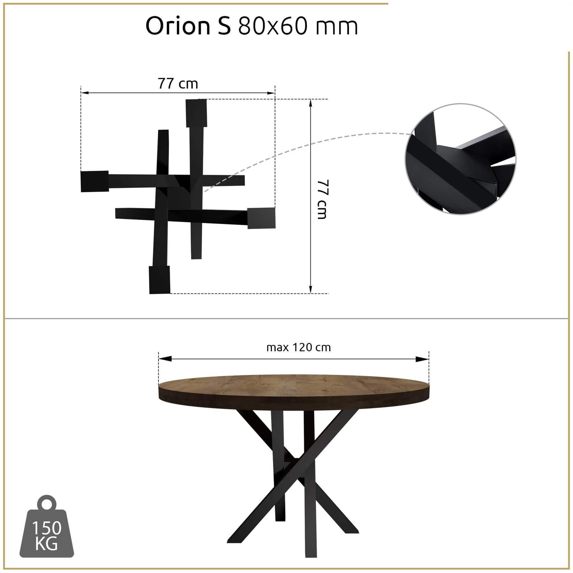 Metallinen Pöydänjalka Orion S mitat