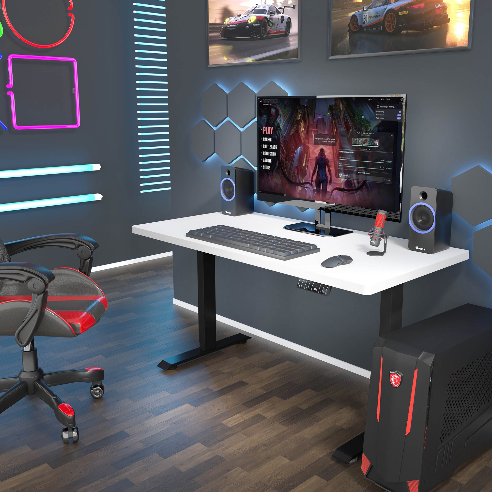 Pelipöytä valkoinen mustat metallijalat 140cm