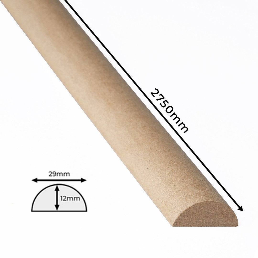 Puolipyöreä MDF-rima maalaamattomana, pituus 275 cm