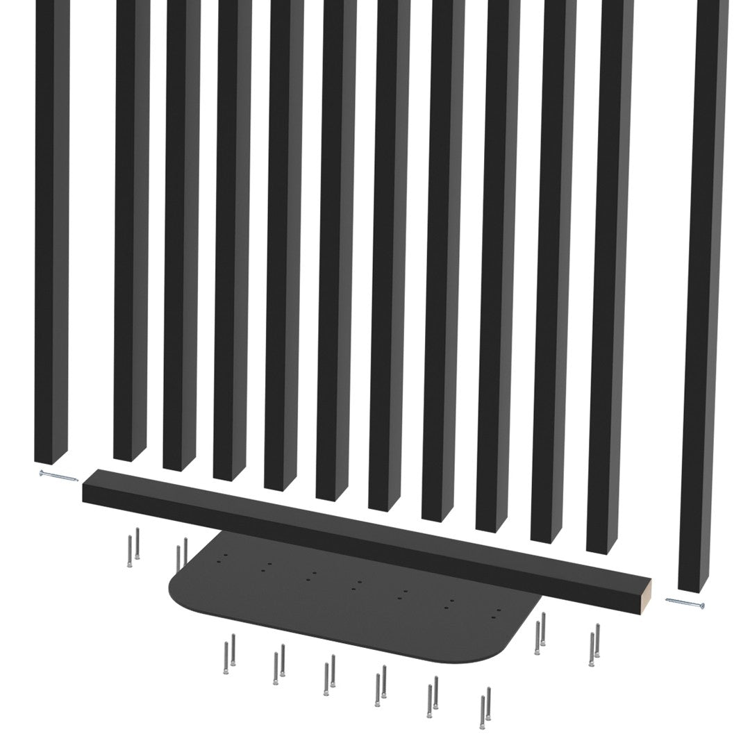 Pystysuuntainen musta rimasto näkösuojaksi olohuoneeseen
