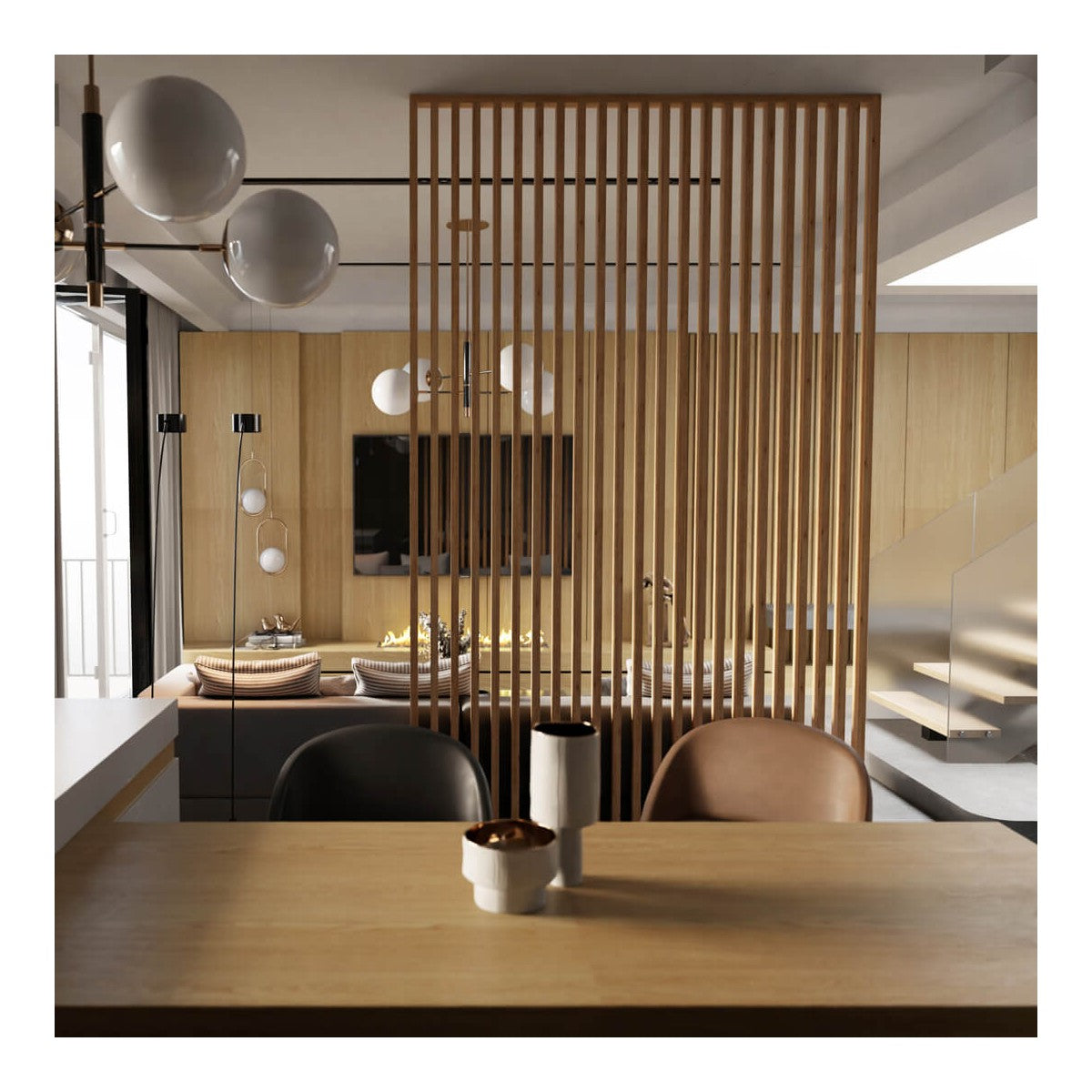 Rimaseinä 30x60 mm rimoista olohuoneessa