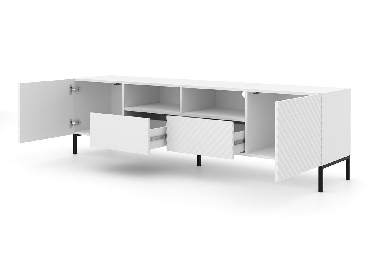 Tv-taso Suft valkoinen metallijaloilla 200 cm kaapit