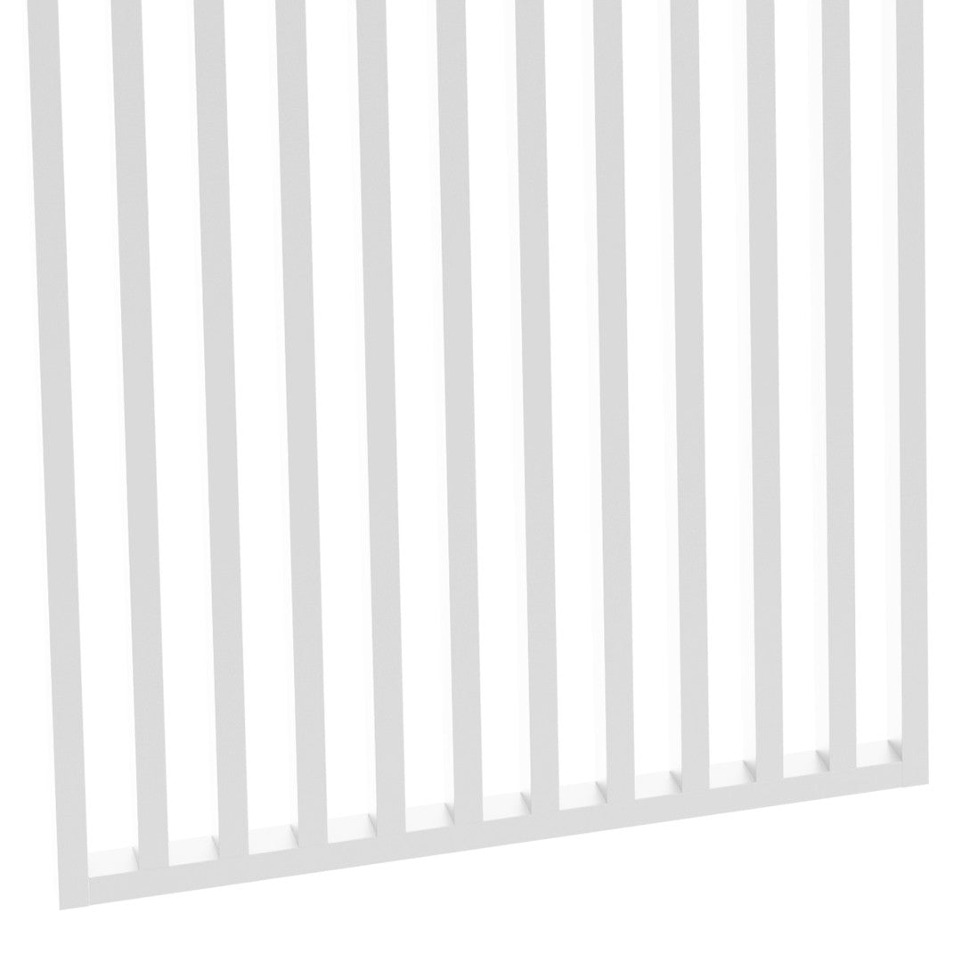 Valkoinen rimaseinä 30x60 rimoitus luo valoisan tunnelman.