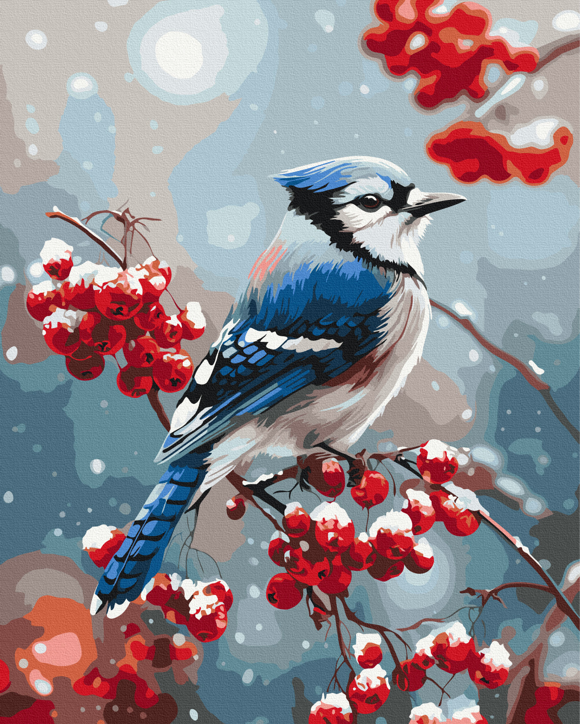 Maalaa numeroin Paint by numbers A bird on a frosty branch