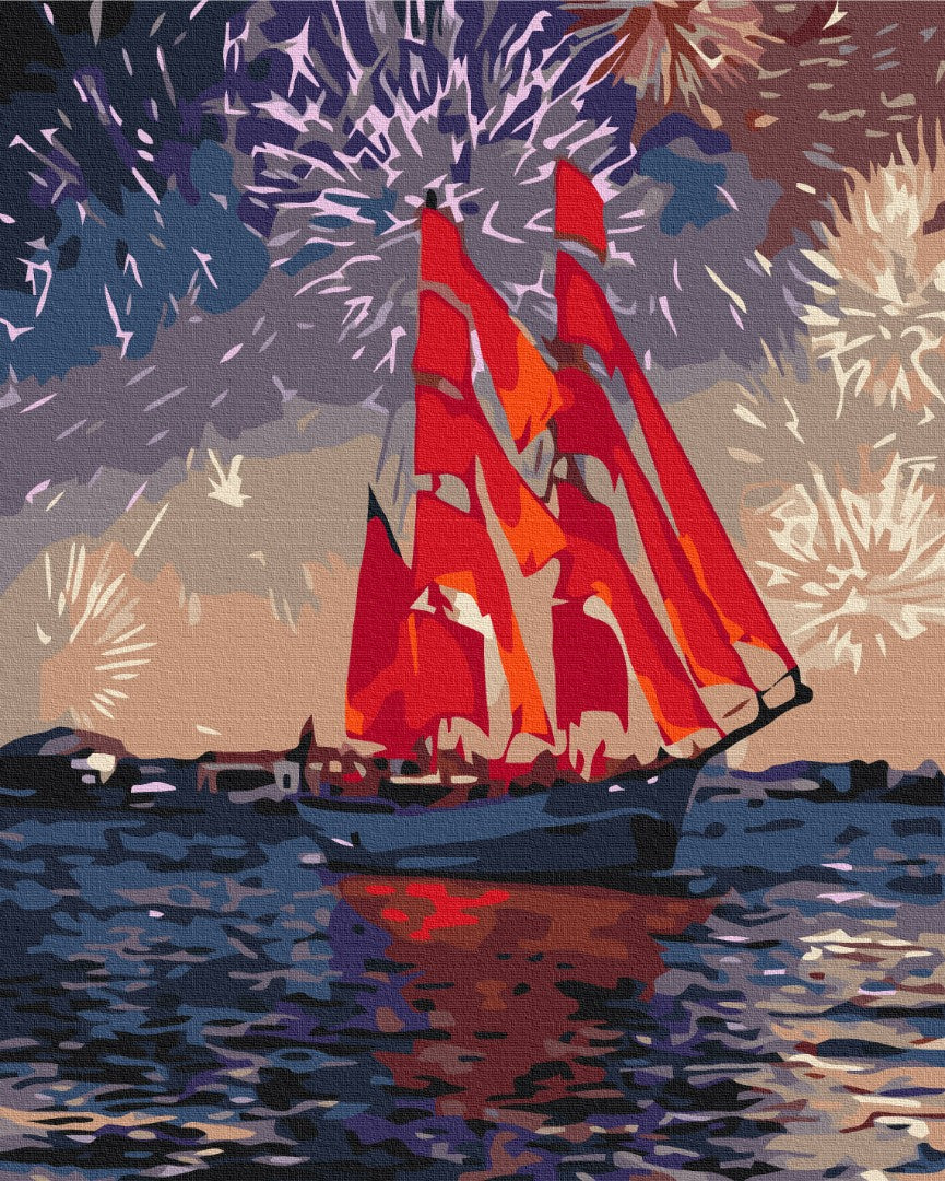 Maalaa numeroin Paint by numbers Sailboat under fireworks