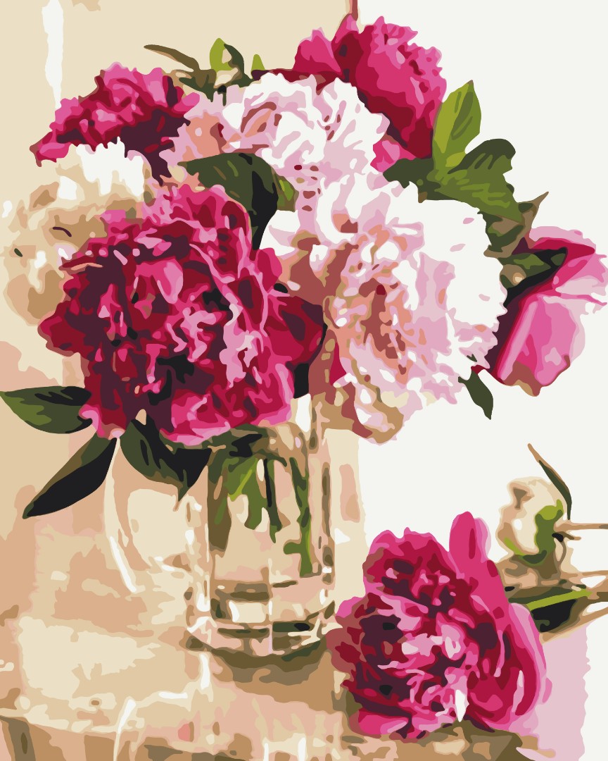 Maalaa numeroin Paint by numbers Delicate peonies in a glass vase