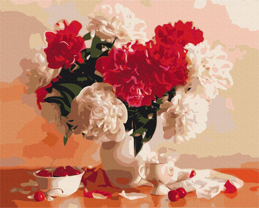 Maalaa numeroin Paint by numbers Red and white peonies and cherries