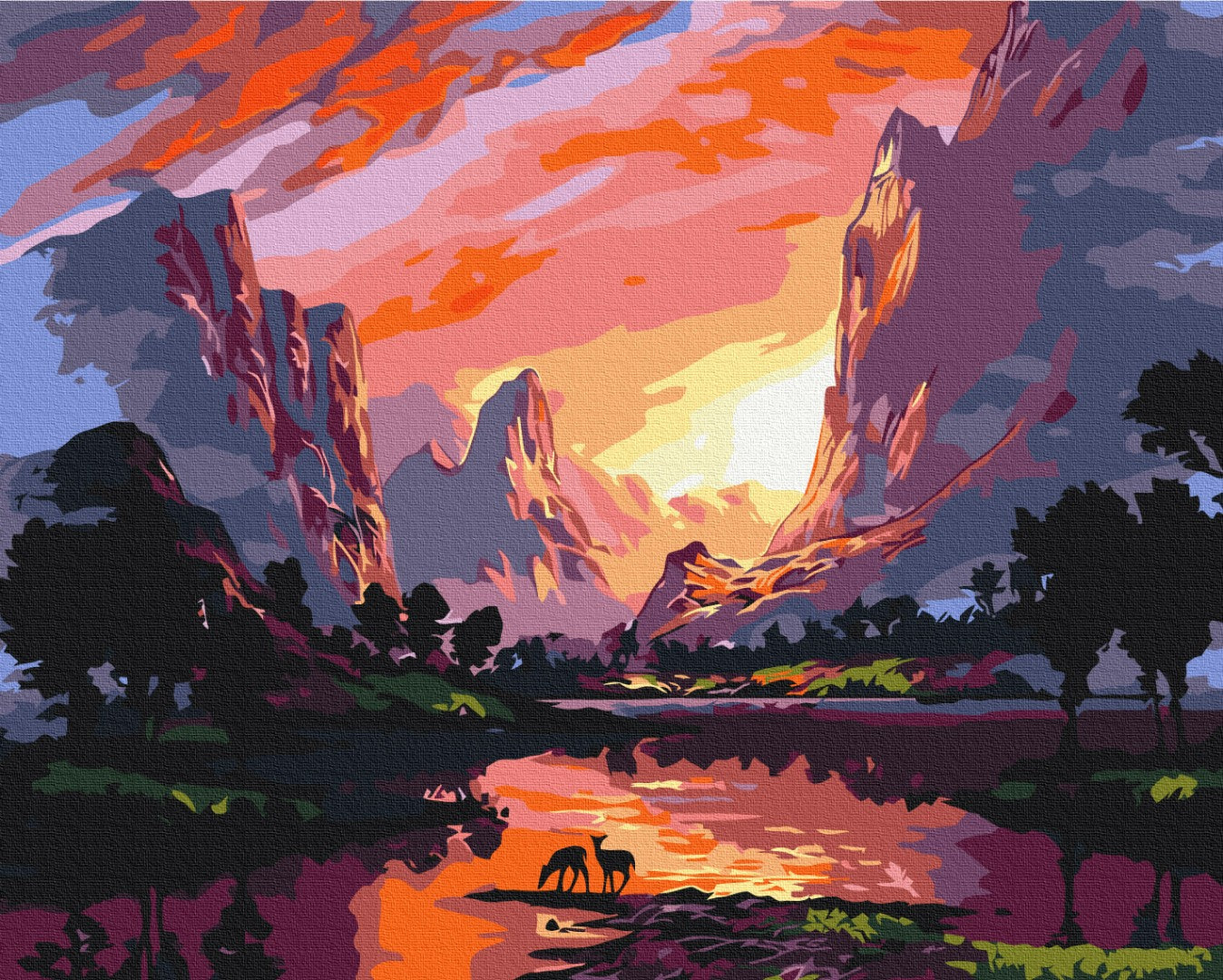 Maalaa numeroin Paint by numbers Bright sunset in the mountains