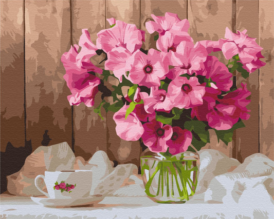 Maalaa numeroin Paint by numbers Pink petunias on the table