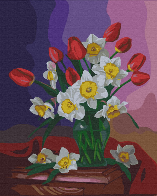 Maalaa numeroin Paint by numbers Bouquet of tulips and daffodils © Valentyna Ivanova