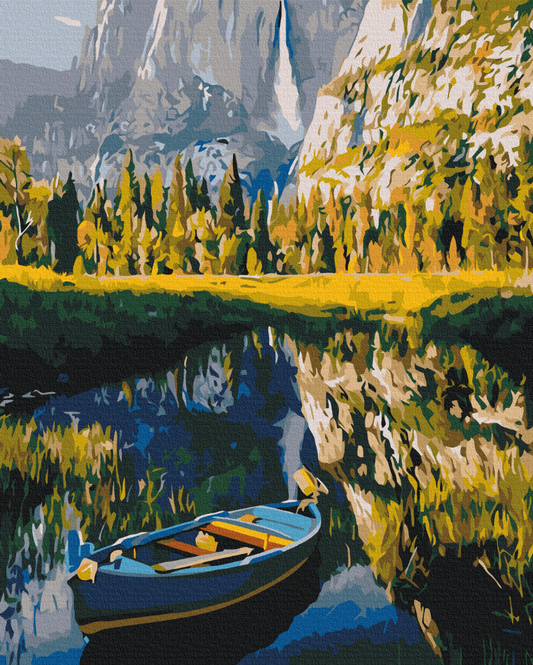 Maalaa numeroin Paint by numbers A boat among the mountains