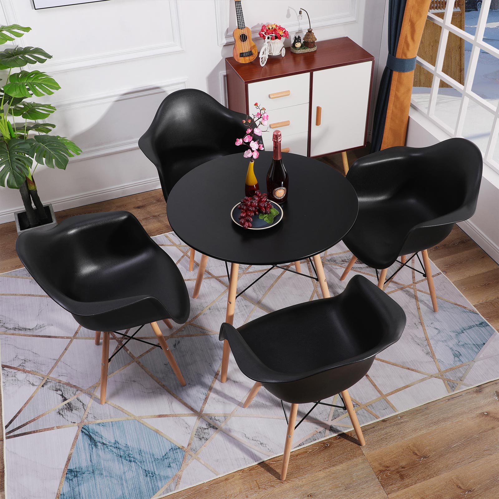 Käsinoja tuolit ja pyöreä pöytä Cora musta 80cm
