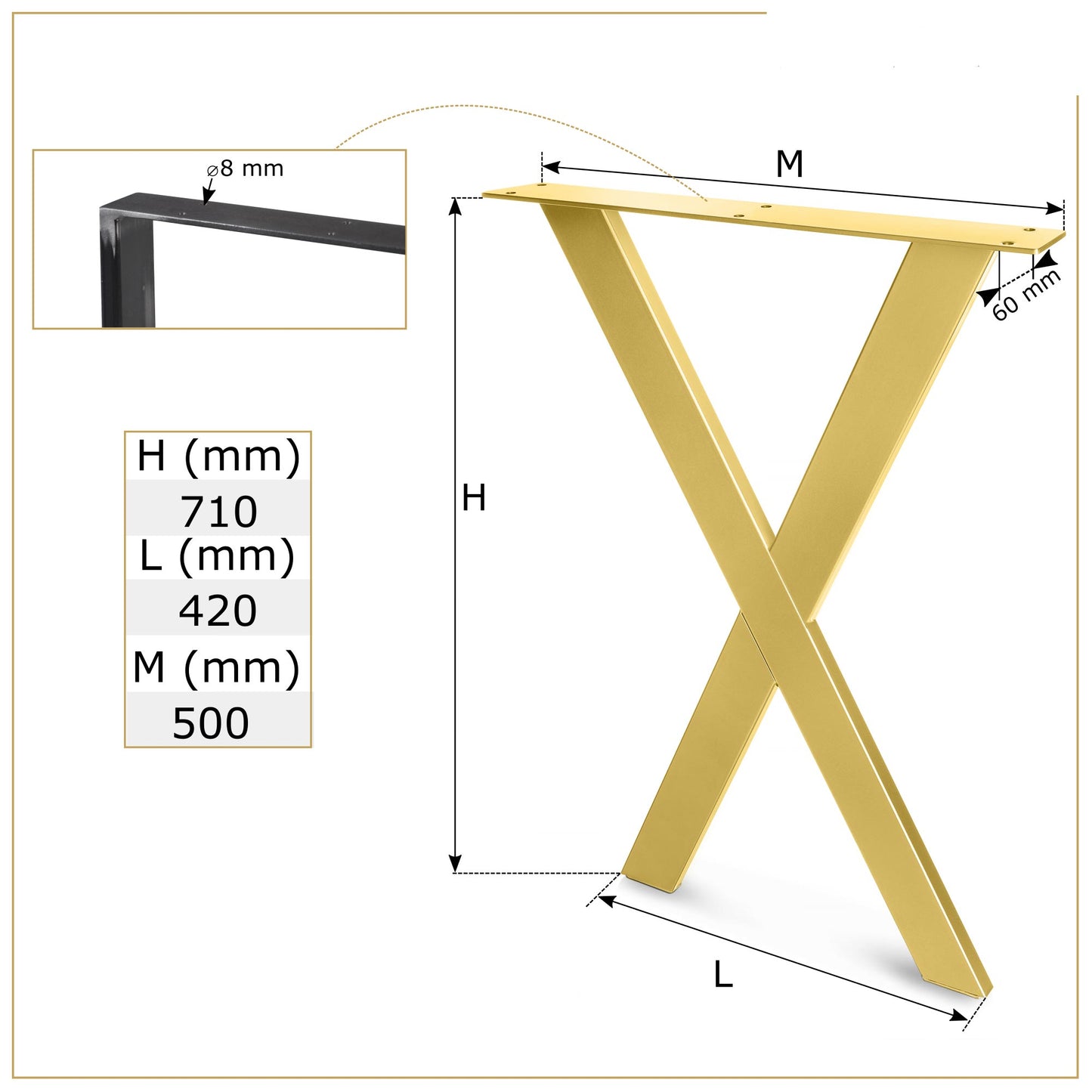 Metallinen Pöydänjalka X 60x20 mitat