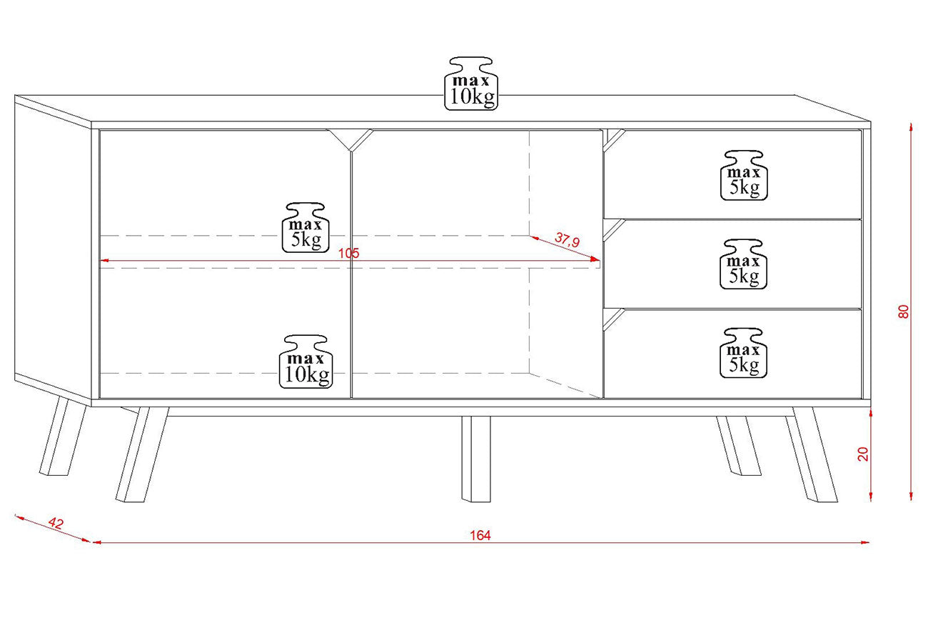 Senkki Bruno Valkoinen / Tammi 164cm  laatikoiden mitat