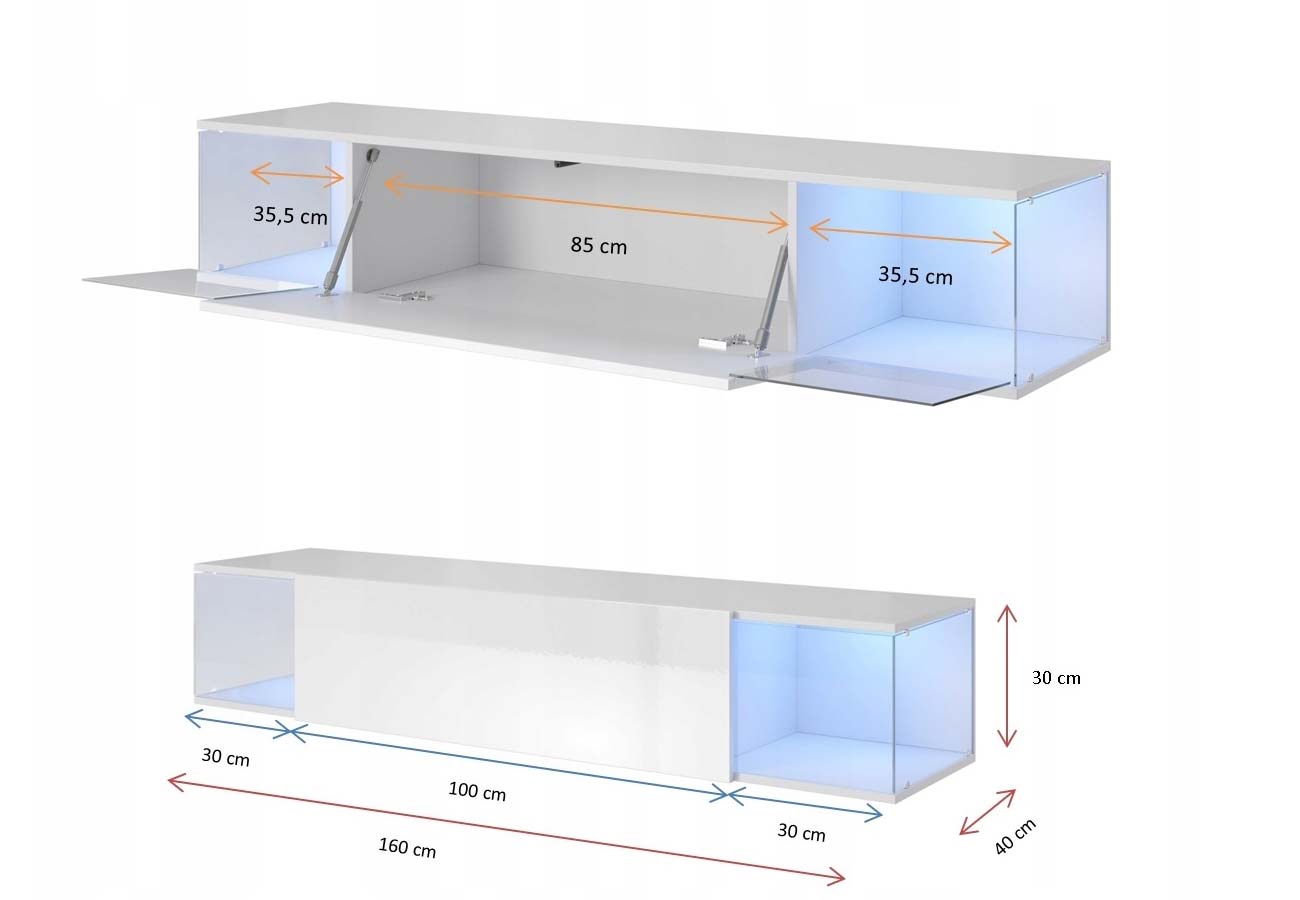 Tv-taso Move Led 160cm Valkoinen Mitat