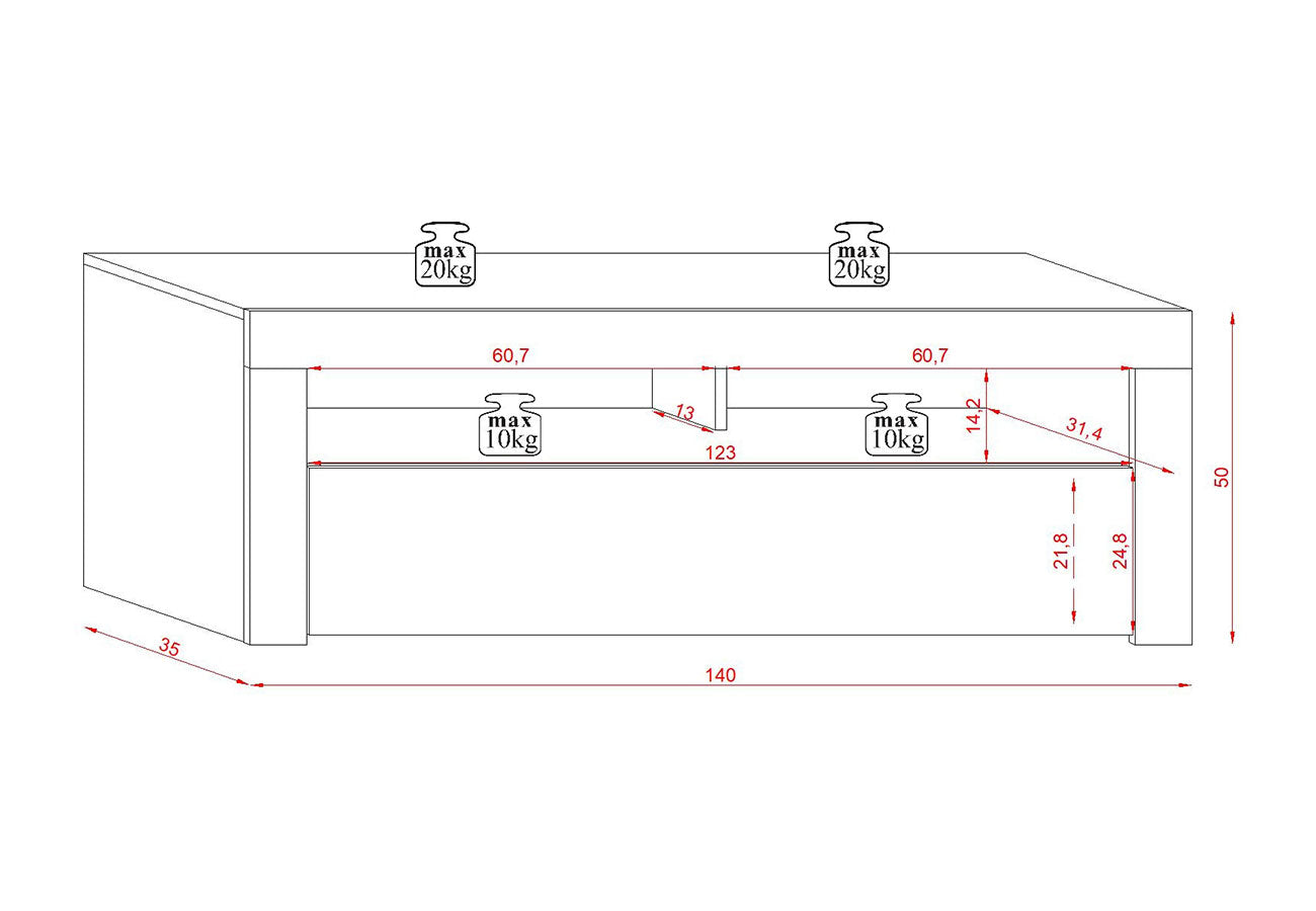 Tv-taso Raymond Valkoinen 140cm Mitat