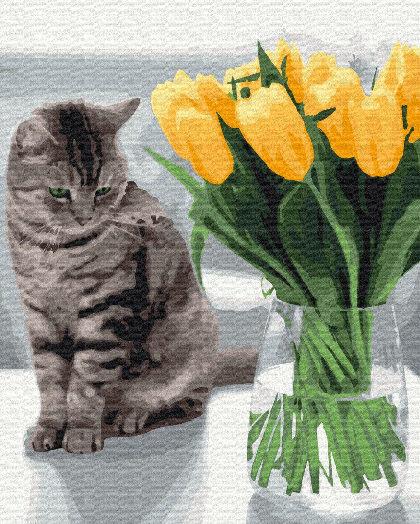 Maalaa numeroin Paint by numbers Cat with tulips